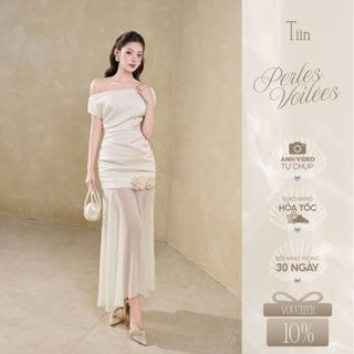  TIINSTORE Váy đầm dự tiệc thiết kế trễ vai đính hoa chân phối tơ sang chảnh nữ tính VHN.2509.279 