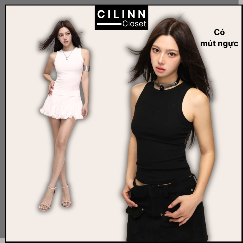 Áo ba lỗ nữ basic cổ tròn có mút ngực co giãn ao thun tanktop body trơn dáng ôm vải cotton Cilinn