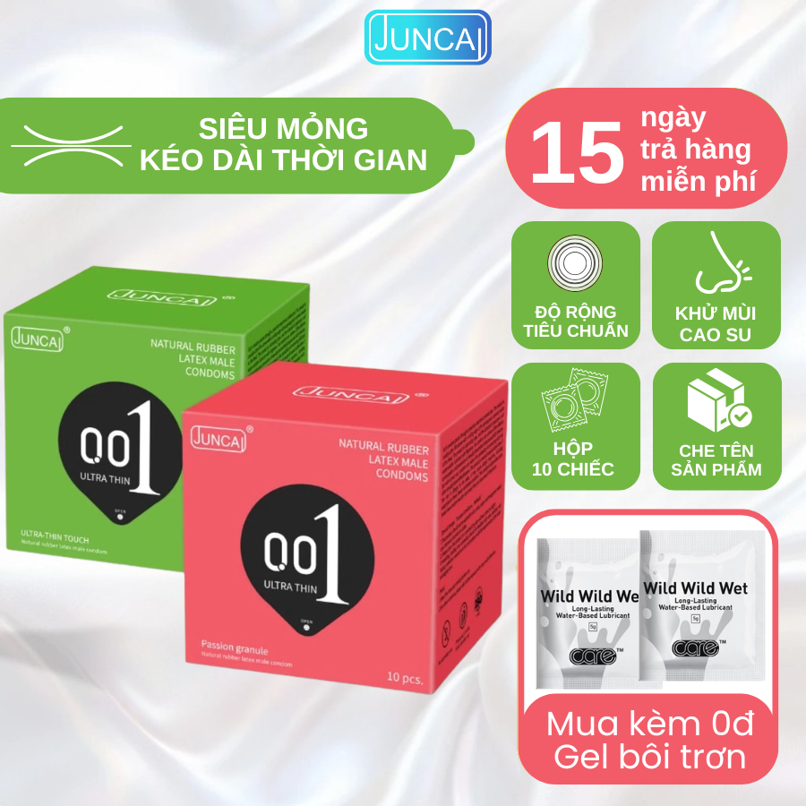 Bao cao su siêu mỏng Juncai kéo dài thời gian, gân gai tăng khoái cảm chính hãng hộp 10