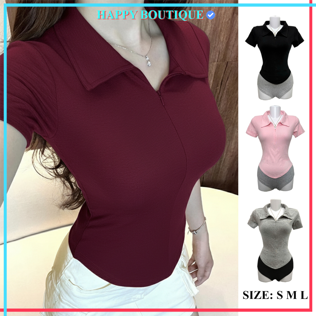 Áo Thun Nữ Cổ Bẻ Phối Dây Kéo Giọt Nước Form Ôm Dáng Cotton Mịn Co Dãn 4 Chiều HAPPY Polo women