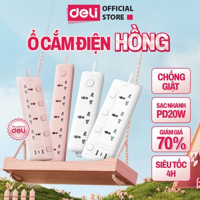 [MỚI] Ổ Cắm Điện DELI Màu Hồng Ver 2026 Hottrend, Ổ Điện Công Suất 2500W An Toàn Chống Giật