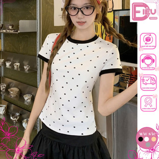 Áo thun nữ baby tee tay ngắn cổ tròn in trái tim Điệu Fashion, Áo thun nữ chấm bi tay phối ôm body phong cách basic