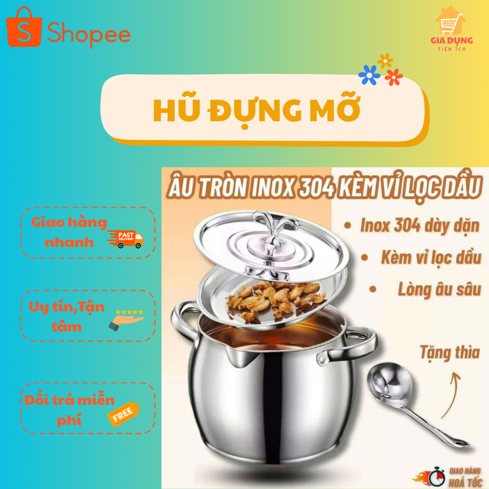 Âu Đựng Mỡ Lợn Inox Không Gỉ Tặng Khay Lọc Cặn Và Thìa Có Lắp Đậy. Âu Lọc Dầu Inox. Thố Đựng Dầu Bằn