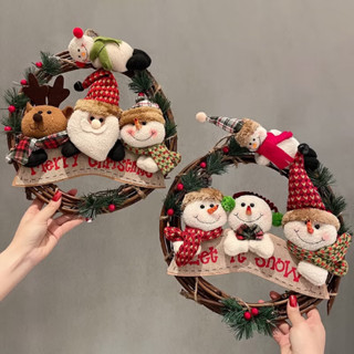   Kèm Đèn Led Vòng Nguyệt Quế Noel Giáng Sinh Cao Cấp Làm Từ Sợi Mây Họa Tiết Ông Già Noel Người Tuyết Tuần Lộc 