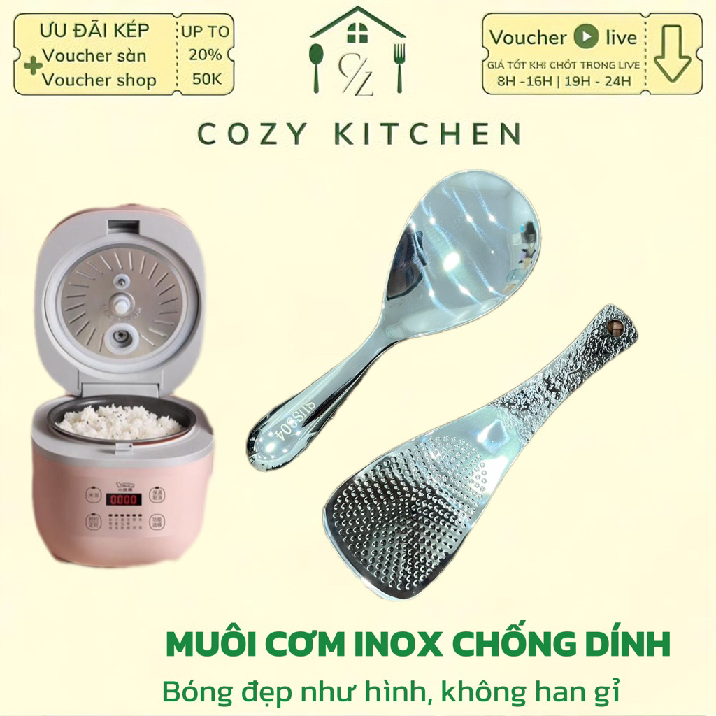 Thìa xới cơm chống dính inox nguyên khối, muôi xới cơm inox bền đẹp, an toàn cho sức khỏe