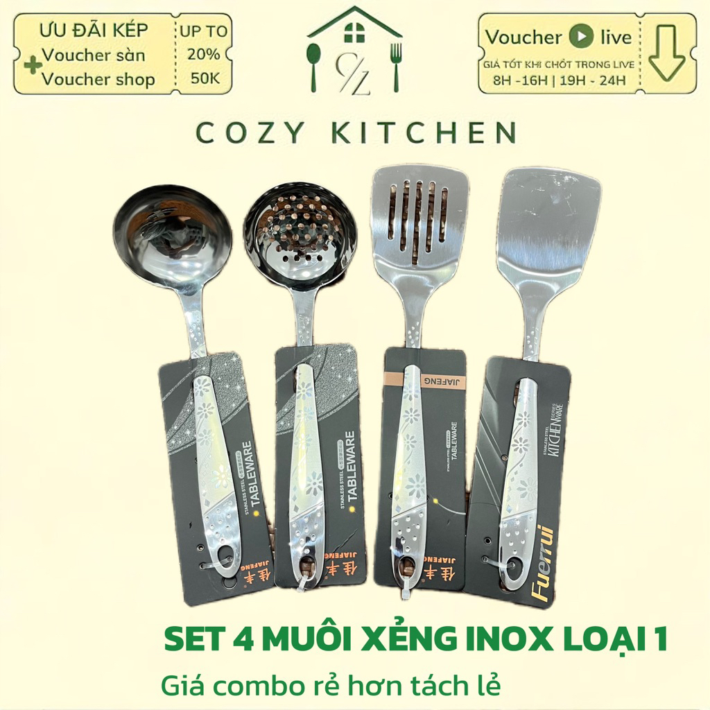 Bộ 4 Món Muôi Vá Múc Canh, Muôi Thủng, Xẻng Xào, Xẻng Lật Inox Cao Cấp, Chống Gỉ Sét