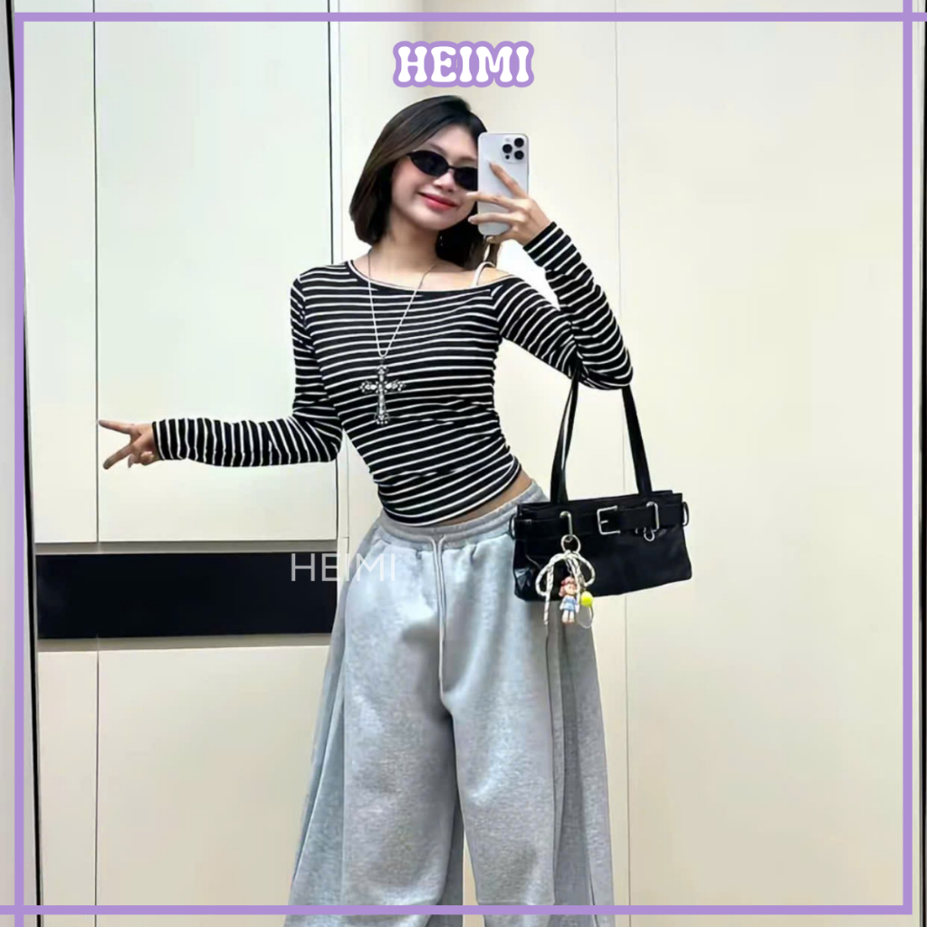 Áo Thun Lệch Vai Dài Tay Họa Tiết Kẻ Sọc Form Ôm Body Basic HEIMI | BigBuy360 - bigbuy360.vn