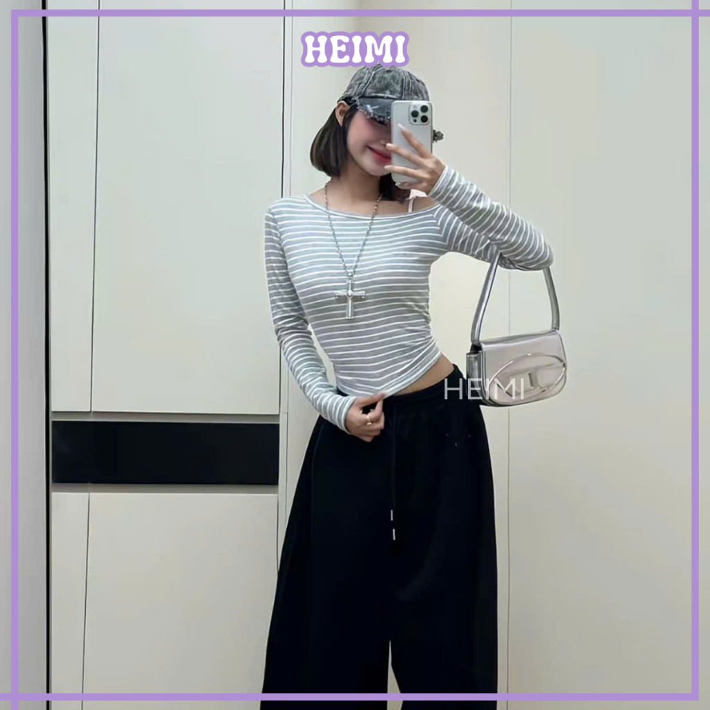 Áo Thun Lệch Vai Dài Tay Họa Tiết Kẻ Sọc Form Ôm Body Basic HEIMI | BigBuy360 - bigbuy360.vn