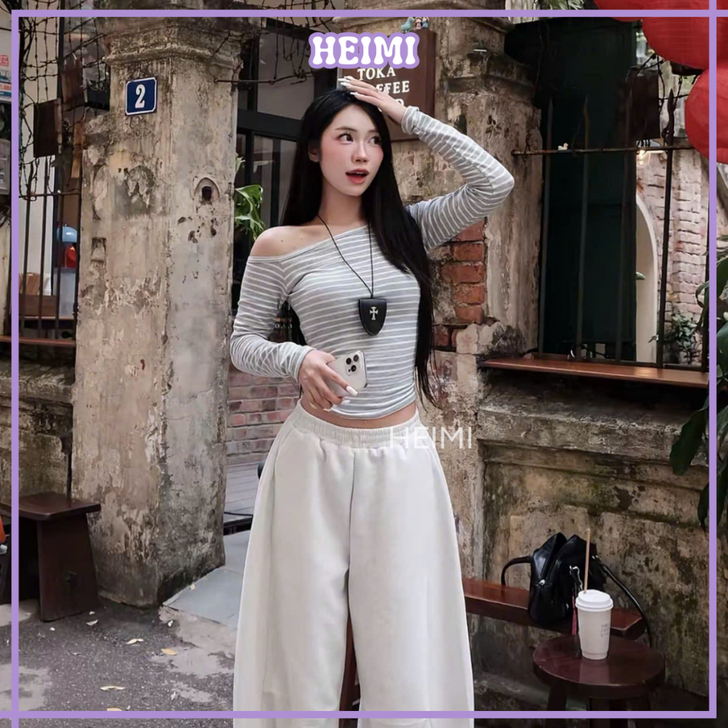 Áo Thun Lệch Vai Dài Tay Họa Tiết Kẻ Sọc Form Ôm Body Basic HEIMI | BigBuy360 - bigbuy360.vn