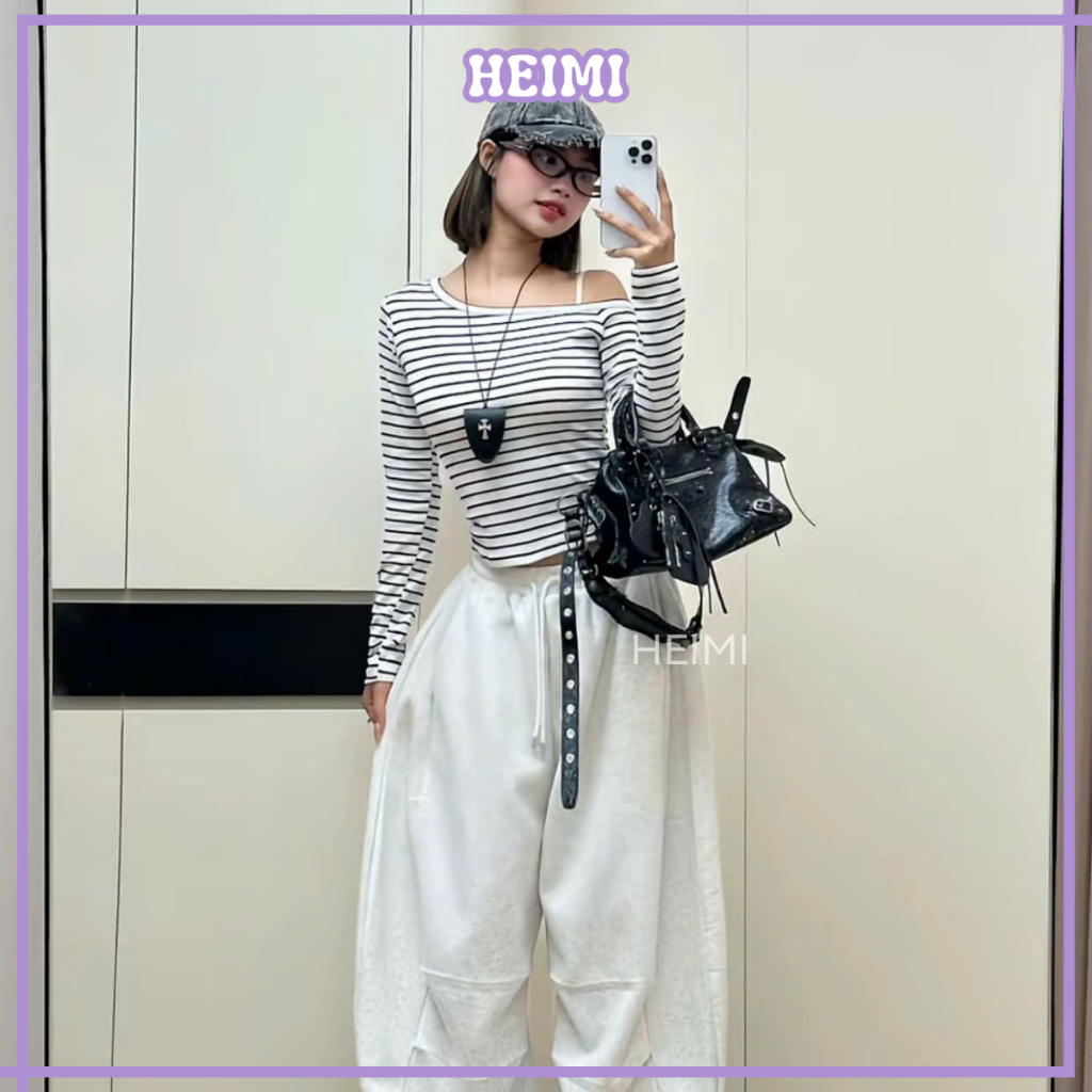 Áo Thun Lệch Vai Dài Tay Họa Tiết Kẻ Sọc Form Ôm Body Basic HEIMI | BigBuy360 - bigbuy360.vn