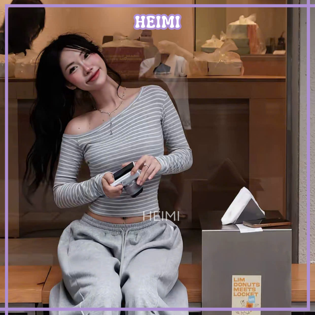 Áo Thun Lệch Vai Dài Tay Họa Tiết Kẻ Sọc Form Ôm Body Basic HEIMI | BigBuy360 - bigbuy360.vn