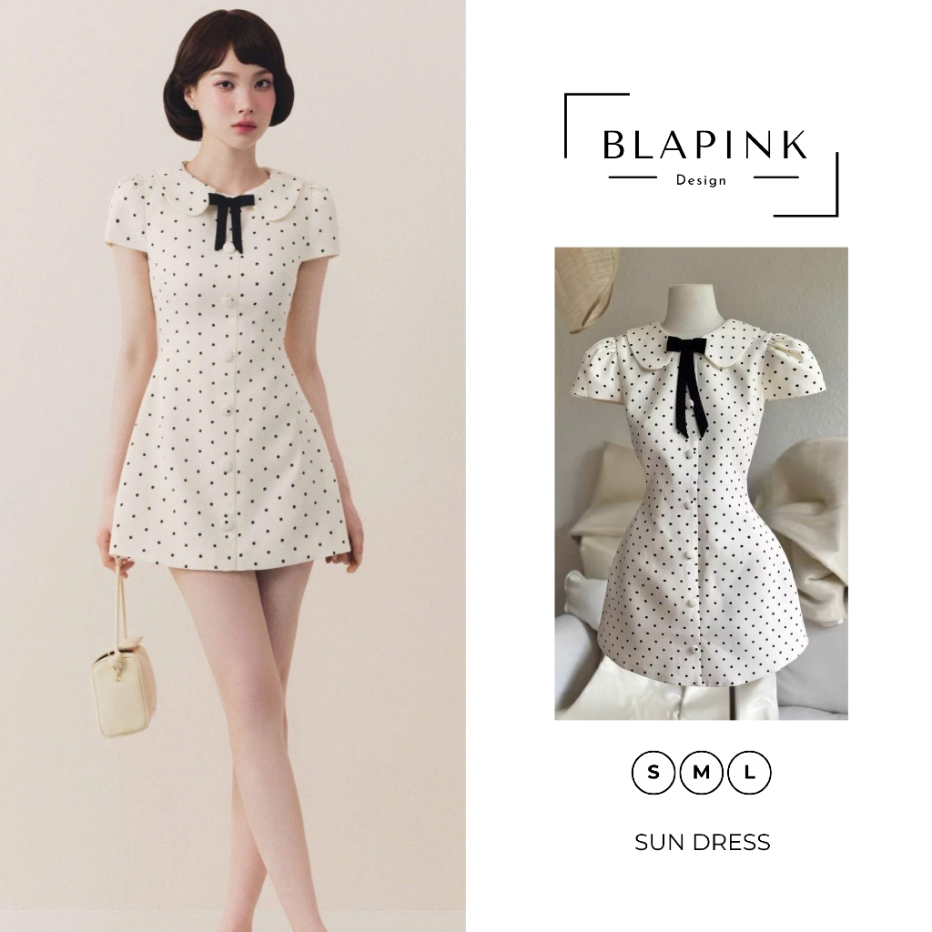 Váy Chấm Bi Cổ Sen Phối Nơ Thanh Lịch - SUN DRESS