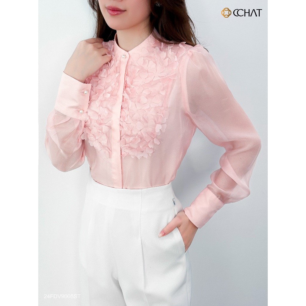Áo Sơ Mi Nữ 𝐂𝐂𝐇𝐀𝐓 Dáng Suông Đính Hoa Lazer Chất Liệu Voan Cao Cấp 24FDV9005ST | BigBuy360 - bigbuy360.vn