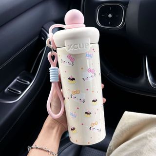  Bình nước giữ nhiệt Hello Kitty dễ thương Ly giữ nhiệt nắp silicon chống tràn kèm dây xách tiện lợi 