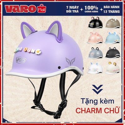 Mũ Bảo Hiểm VARO Cá Heo Nửa Đầu Thời Trang–Freesize 54-59cm–Tặng Charm Chữ & Tai Mèo Gấu–Chính Hãng