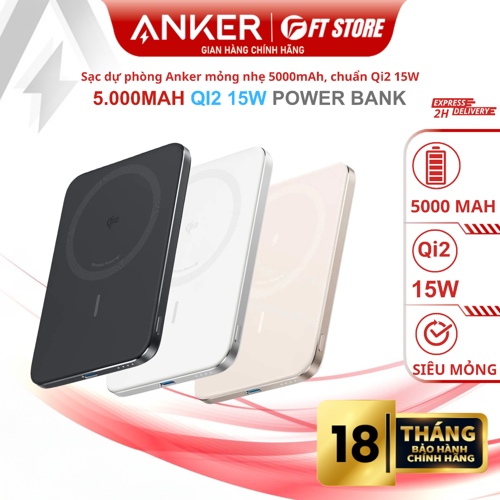 Sạc dự phòng Anker Nano Maggo Ultra Slim Qi2 5000mAh - A1665 Siêu mỏng nhẹ, Sạc nhanh an toàn