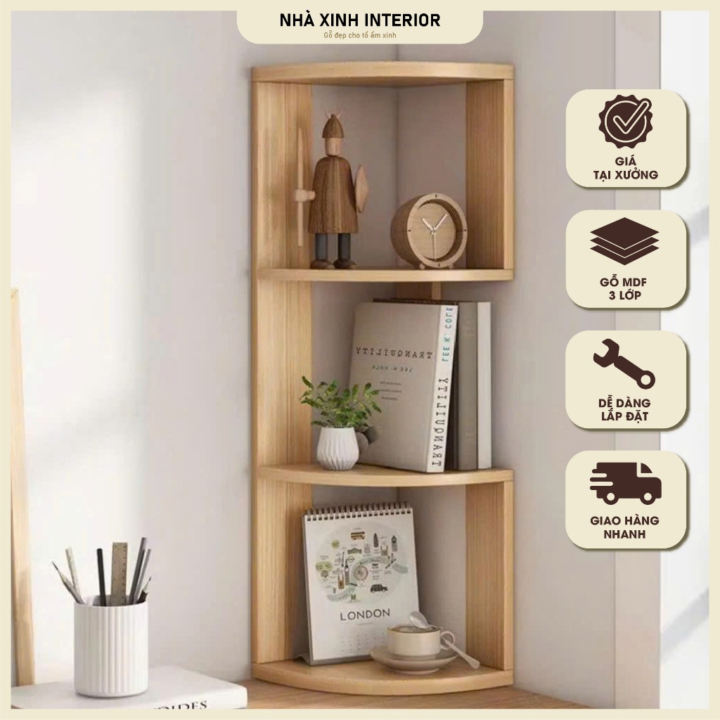 Kệ gỗ để đồ Nhà Xinh Interiors, kệ góc trang trí bàn học làm việc decor phòng giá gỗ góc tường nhiều
