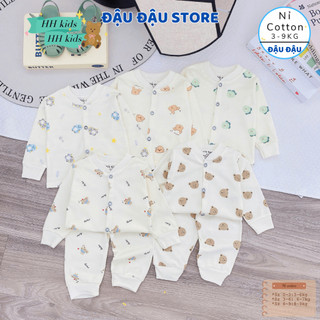   Loại Đẹp  Set 3-5 Bộ Dài tay Nỉ Cotton Thu Đông Cúc Giữa Cổ Tàu mềm mịn  Cho Bé Sơ Sinh 3-9 kg ATT - NC08 Đậu Đậu Store 