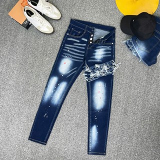  Quần jean nam xanh dài khuyết tật tua rua chất jean co dãn dày dặn 