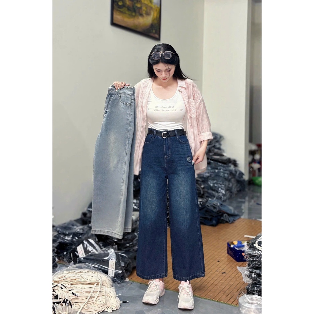 Quần jeans nữ 9 tấc ống suông basic lưng cao cạp khóa, chất denim đã wash lên màu