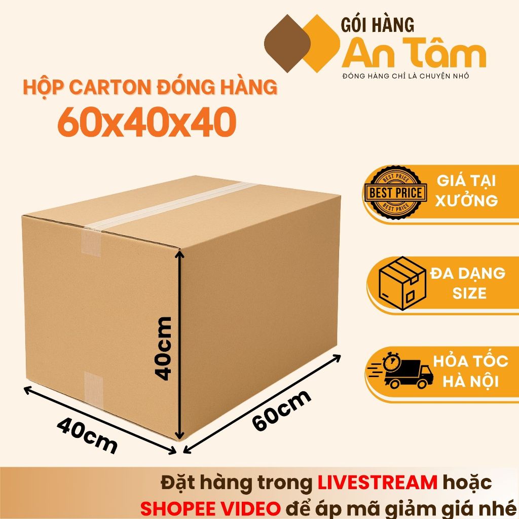 60x40x40 Thùng carton chuyển nhà, thùng carton to đóng gói đồ kích thước lớn cứng cáp chịu lực tốt
