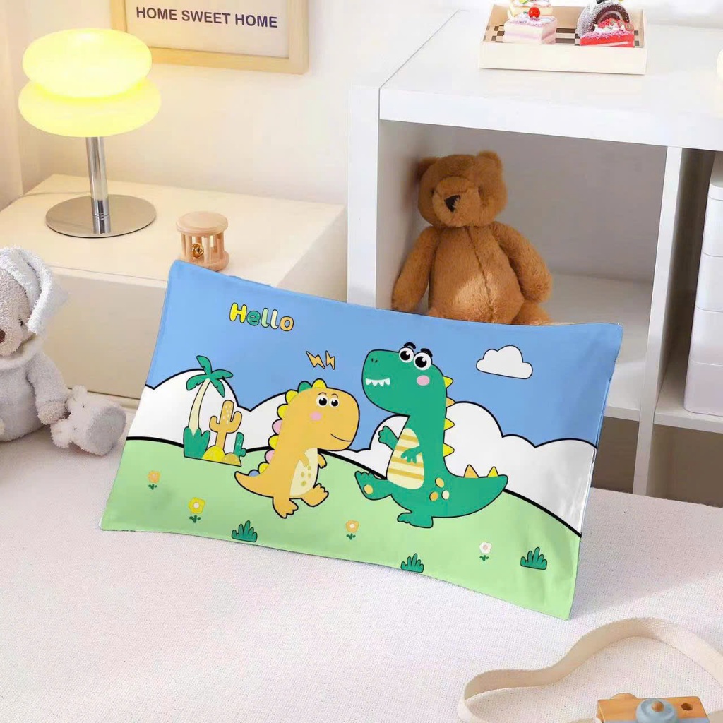 Gối đầu cho bé kích thước 30x50 vỏ gối chất liệu 100% cotton kèm ruột bông mẫu khủng long