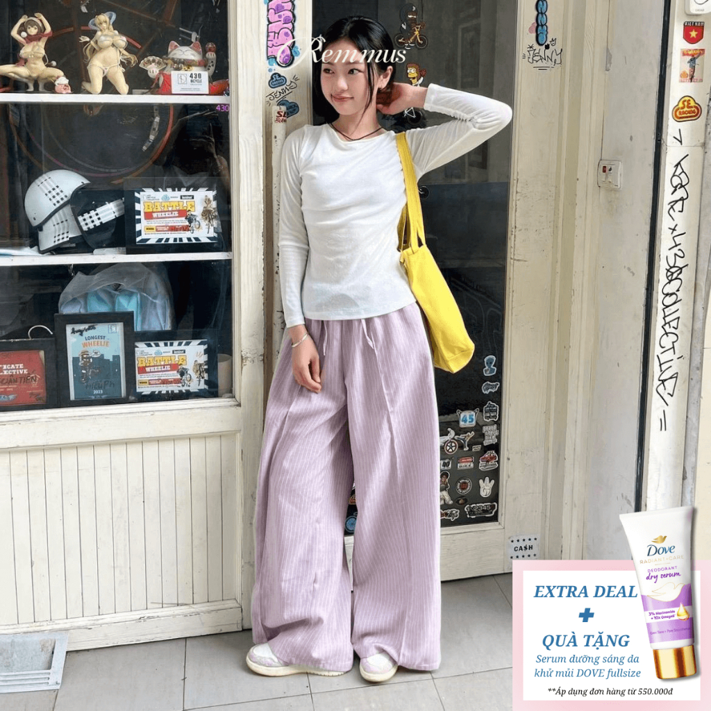 Quần dài linen ống rộng kẻ sọc Remmus cho nữ