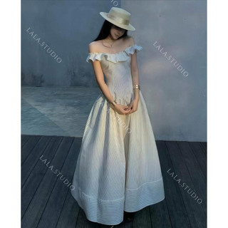  Luna dress•LALASTUDIO• Váy trễ vai maxi siết eo cao cấp váy maxi kẻ đi biển váy 2 dây bèo maxi tiểu thư thanh lịch 