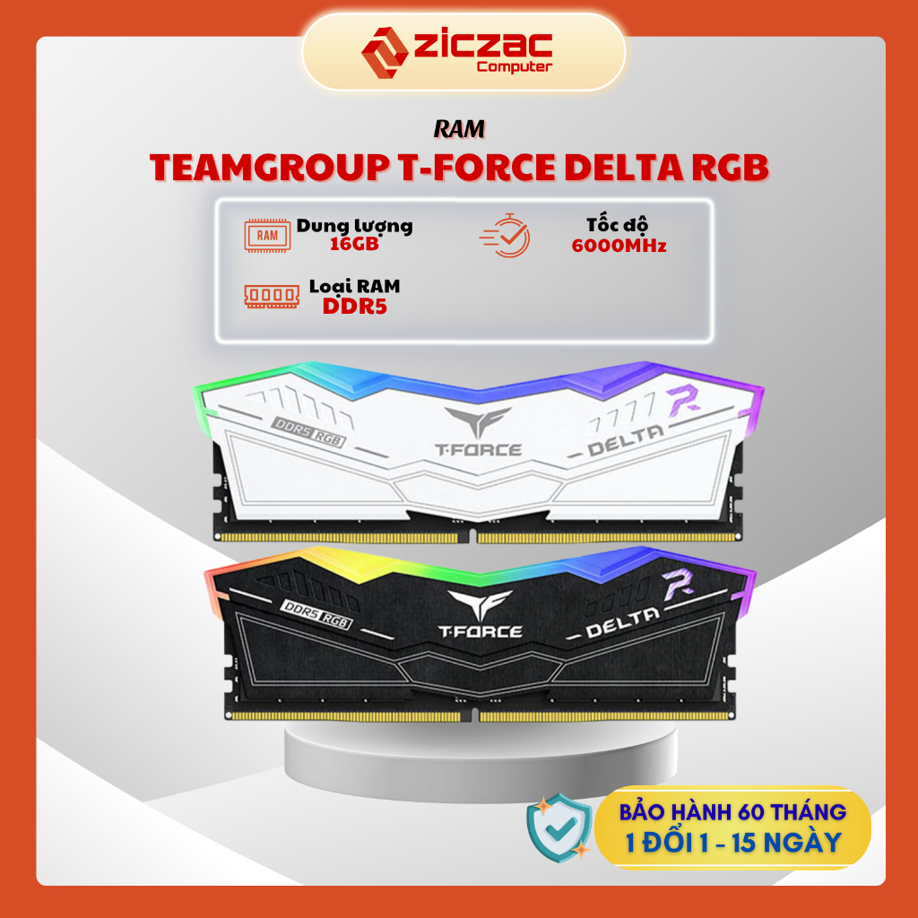 Ram TeamGroup T-Force Vulcan / Delta RGB 16GB DDR5 6000MHz Đen / Trắng - BH 60th chính hãng