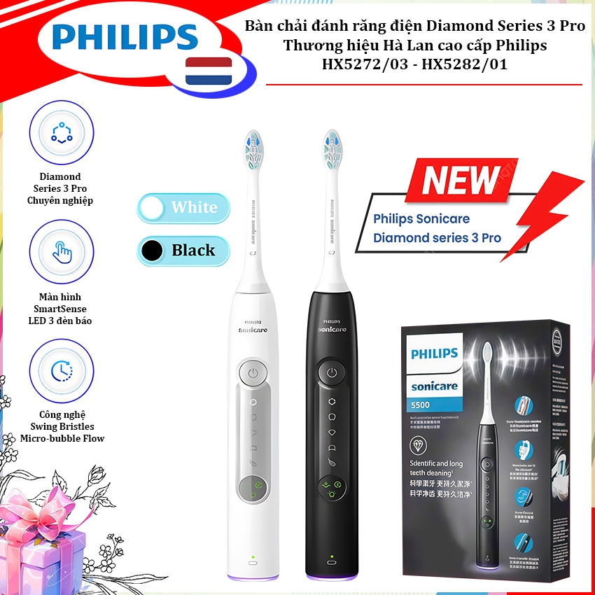 [CHÍNH HÃNG] Bàn chải đánh răng điện Diamond Series 3 Pro - HX5272/03 và HX5282/01