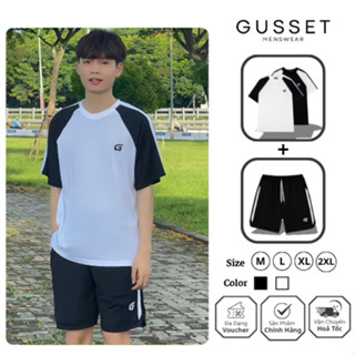  Bộ Áo Phông + Quần Đùi GUSSET BP08 Phối Vai Line Vải Poly Mát Đồ Bộ Nam Unisex Mặc Nhà – Tập Gym 