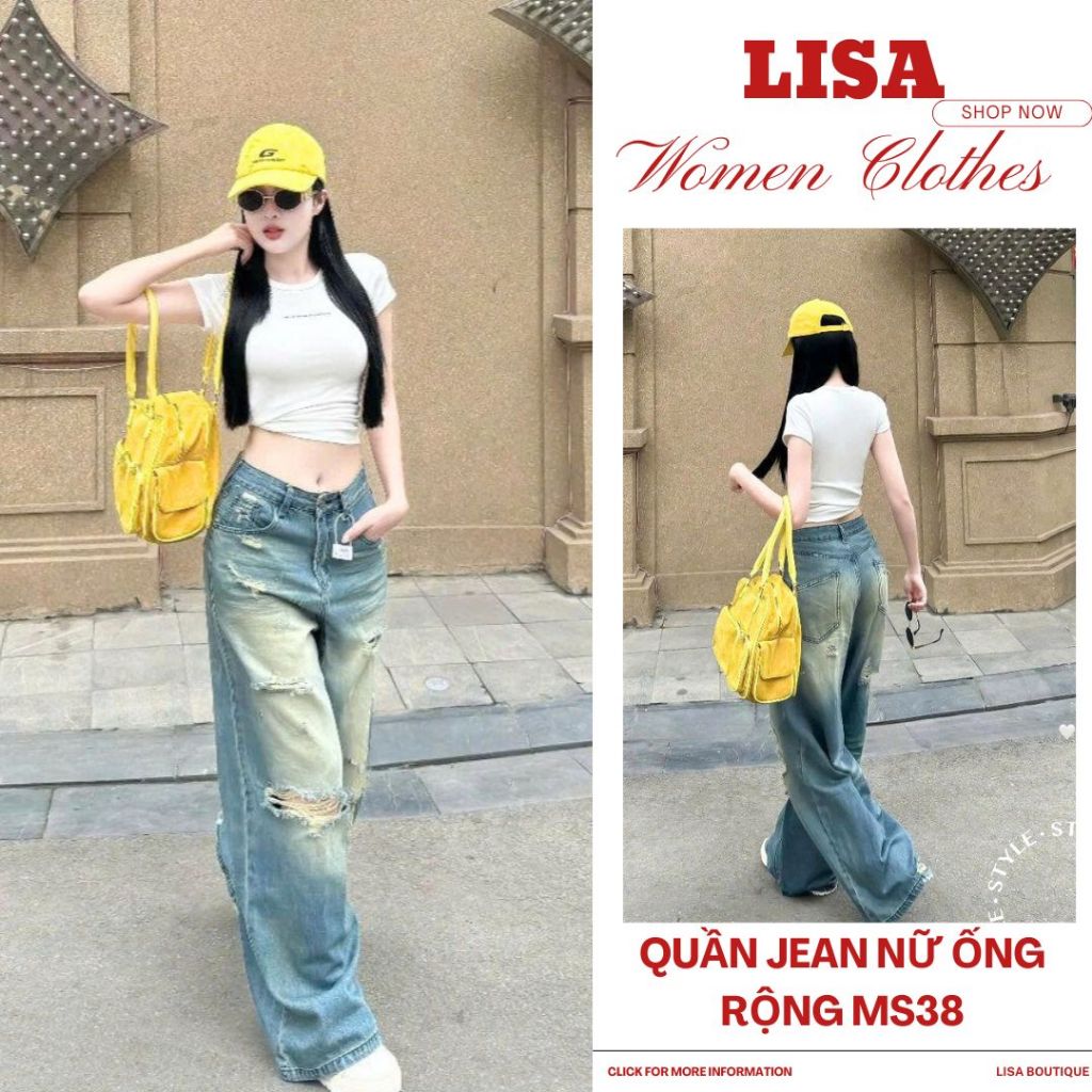 Quần jean nữ ống rộng cạp thấp tôn dáng MS38, Quần bò rin suông nữ rách cá tính Hiphop