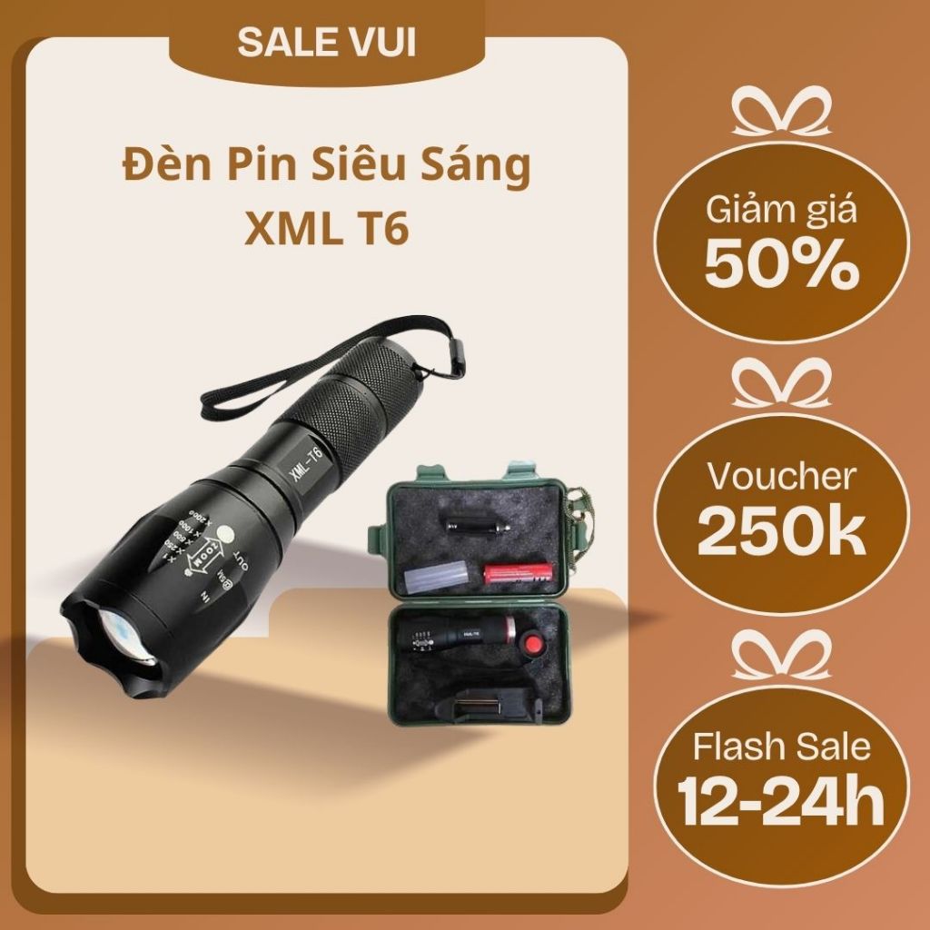 Đèn pin mini siêu sáng, đèn led XML T6 full box hộp kèm pin và sạc vỏ kim loại chắc chắn, chống nước an toàn