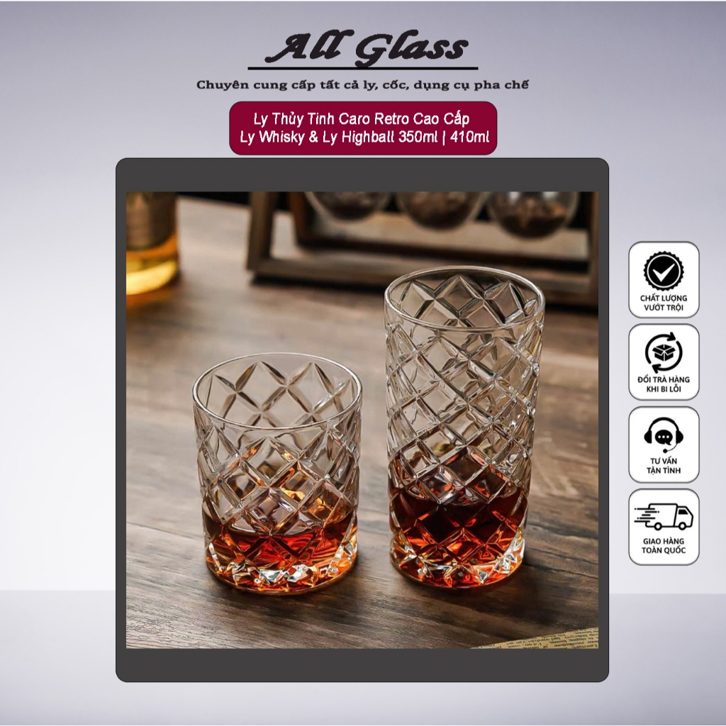 Ly Thủy Tinh Caro Retro Cao Cấp – Ly Whisky & Ly Highball 350ml | 410ml