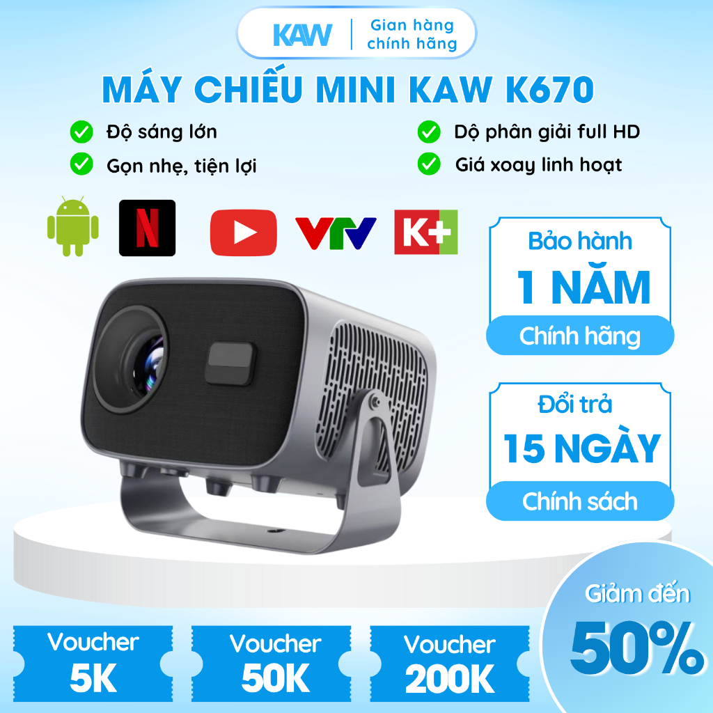 Máy Chiếu Mini KAW K670, Chất Lượng Siêu Nét Hỗ Trợ 4K, Độ Sáng Cao, Bảo Hành 12 Tháng