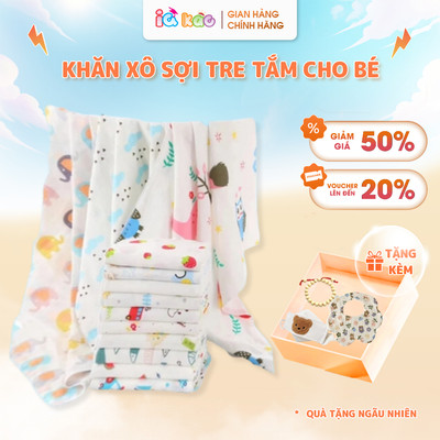 Khăn xô tắm sợi tre khăn lau đa năng cho trẻ 120x100cm IQKAO, chăn quấn đắp an toàn họa tiết xinh xắn đáng yêu