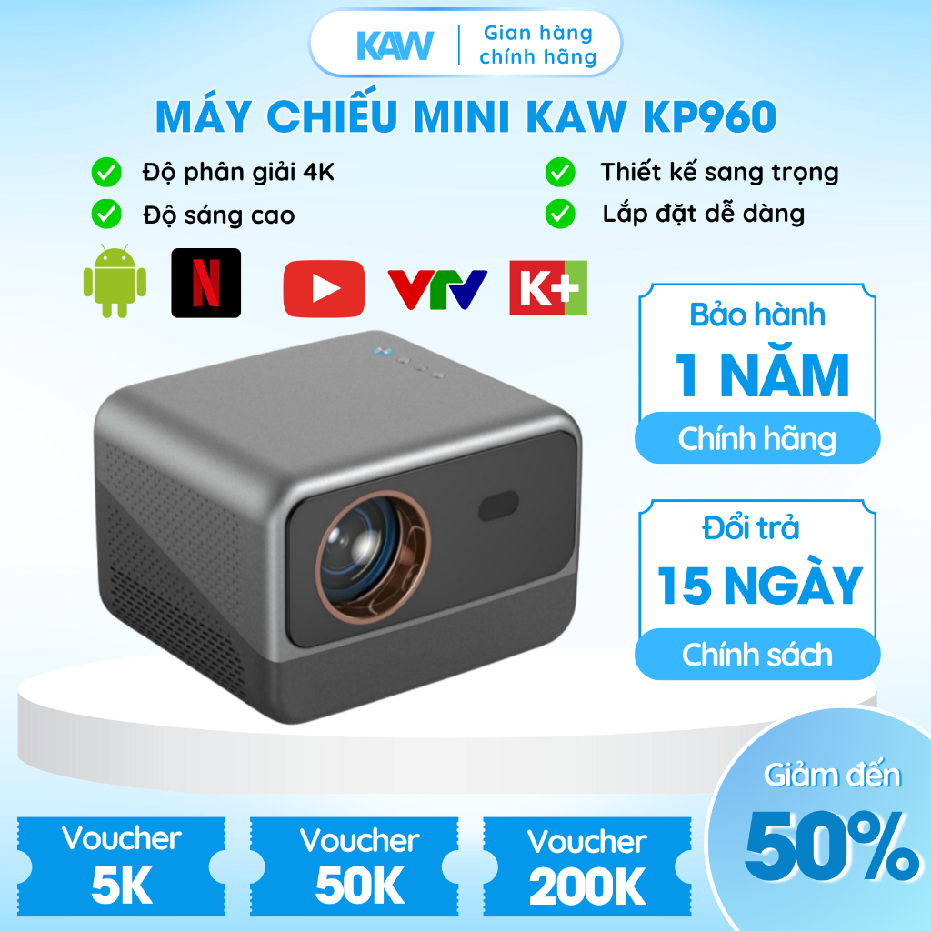 Máy Chiếu Mini KP960 Thương Hệu KAW, Độ Sáng Cao, Chất Lượng 4K Siêu Nét, Kết Nối WiFi, Bluetooth Đa