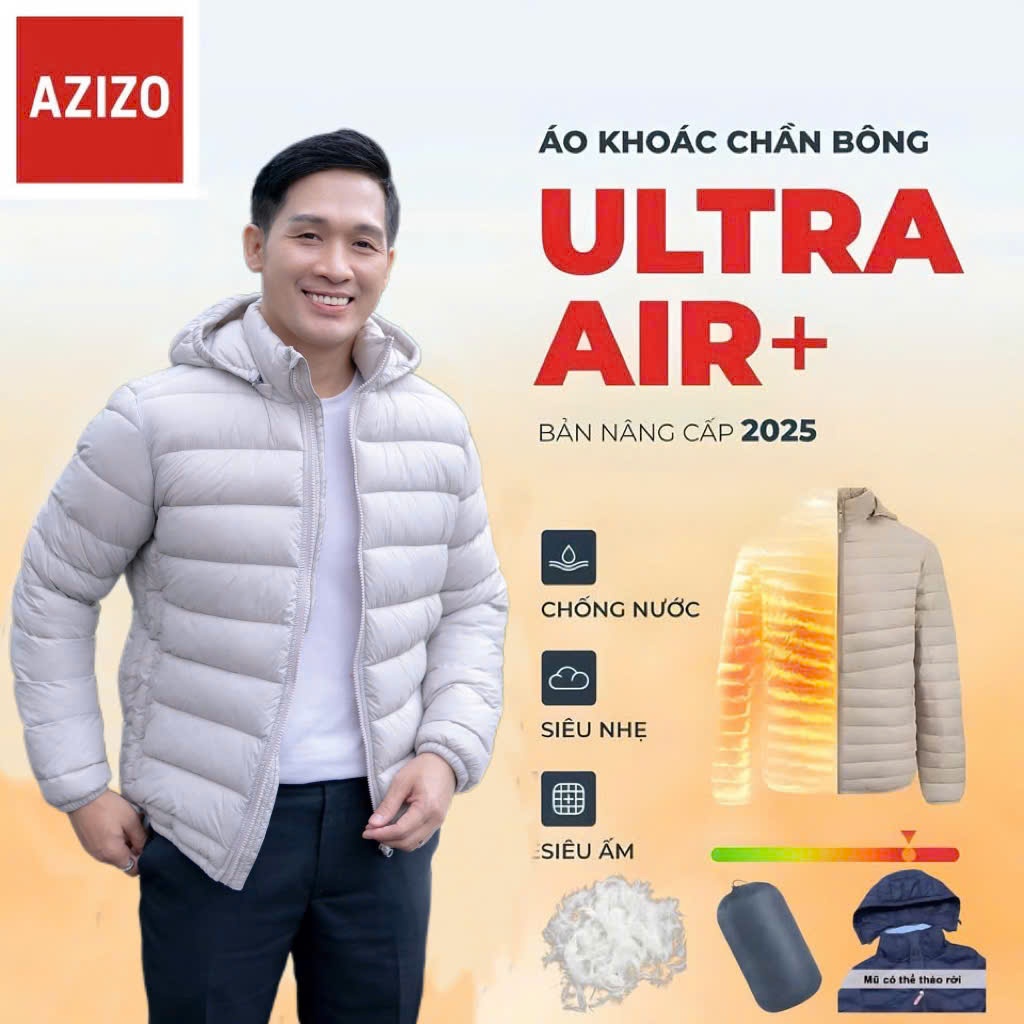 Áo phao nam AZIZO siêu nhẹ chống nước – mũ có thể tháo rời, thời trang, dễ phối đồ