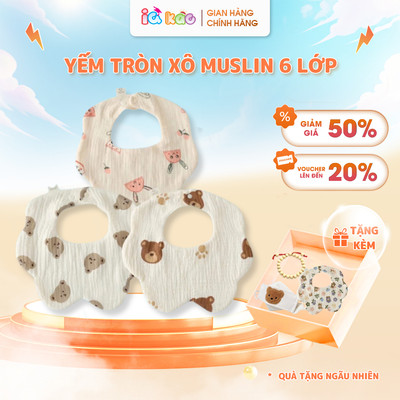 Yếm Cổ Tròn Muslin IQKAO Vải Xô 100% Cotton, Thấm Hút Tốt, Thoáng Mát, Có Nút Điều Chỉnh Tiện Lợi Cho Bé