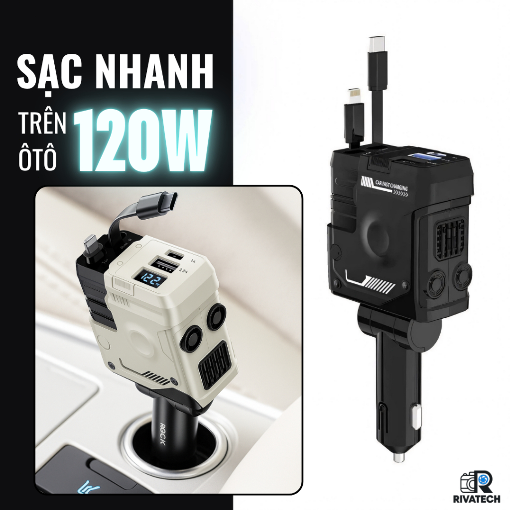  Tẩu Sạc Nhanh Điện Thoại 120W Trên Ô Tô Có Dây Rút Cáp Sạc Type C Lightning 
