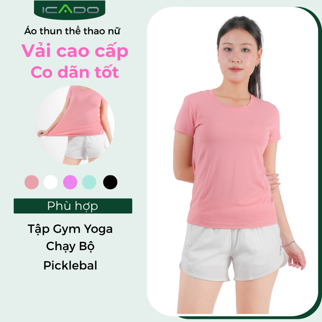 Áo Thun Nữ Thể Thao ICADO HT105 Áo Tập Yoga Pickleball Tennis Vải Co Giãn Thoáng Mát thế giới đồ tập