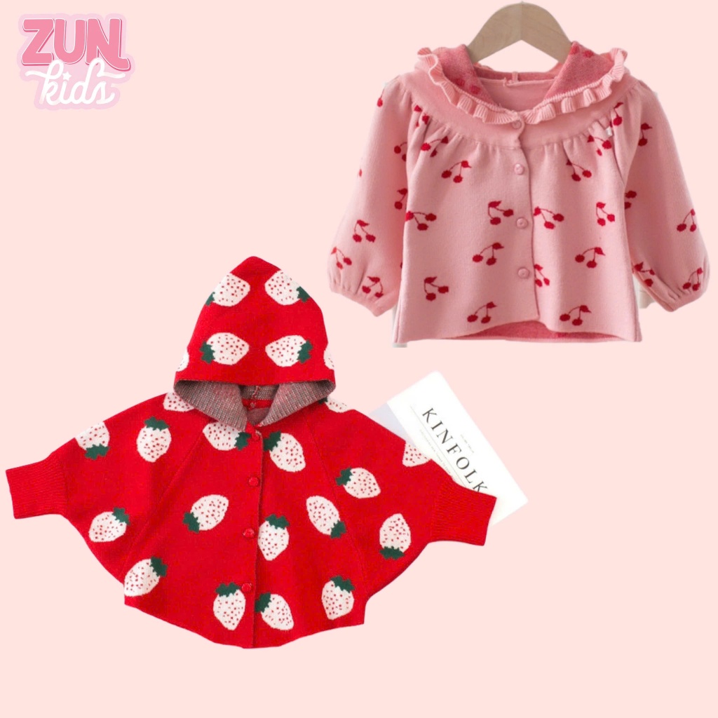 Áo khoác dơi cho bé gái hồng cherry và đỏ trái dâu có mũ chùm đáng yêu ZUN Kids
