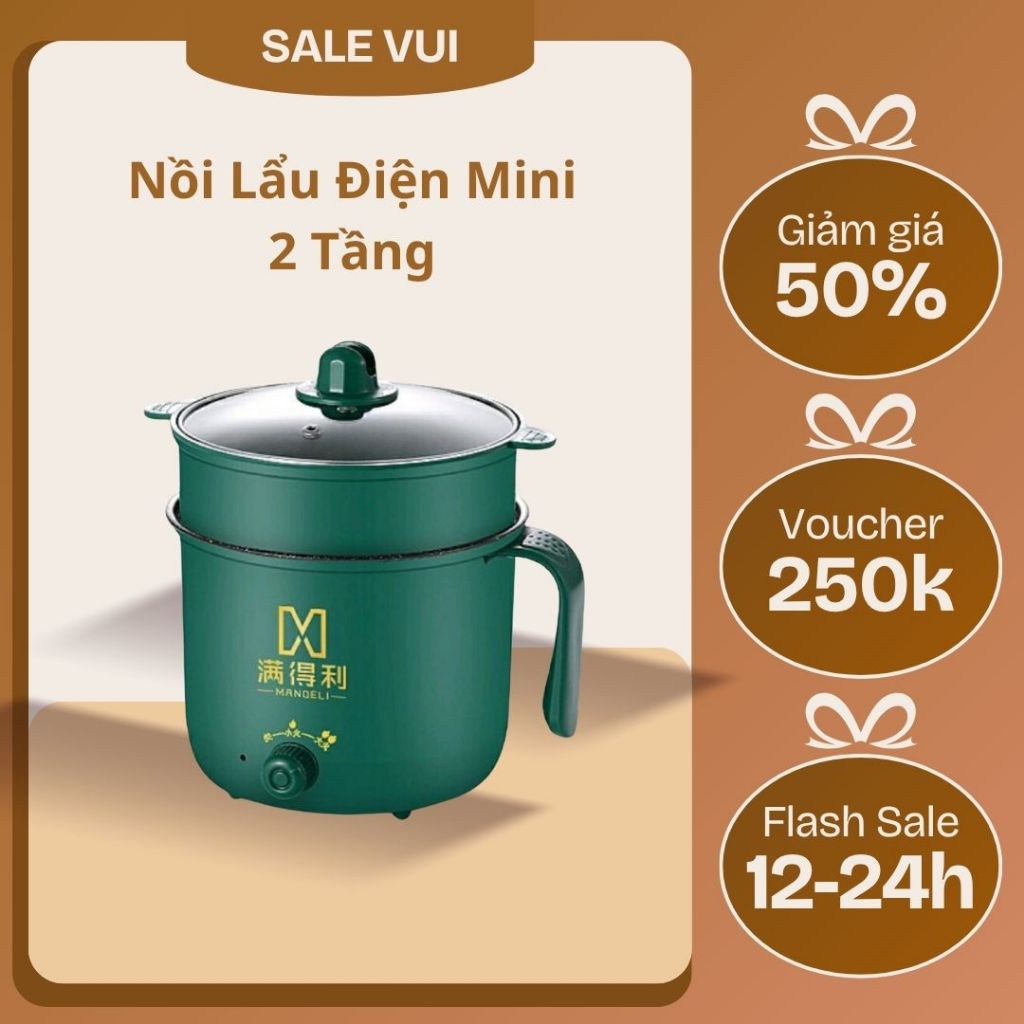 Nồi Lẩu Điện Mini, Nấu Mì 2 Tầng Kèm Giá Hấp Đa Năng  Nướng, Luộc, Chiên Chống Dính Vấn Đá Tiện Lợi, Ca nấu mì - N2 New