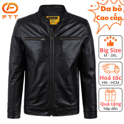 Áo khoác da bò Racer Jacket hai khóa ngực nam cao cấp FTT Leather bền bỉ không bong, tróc, nổ AD208B