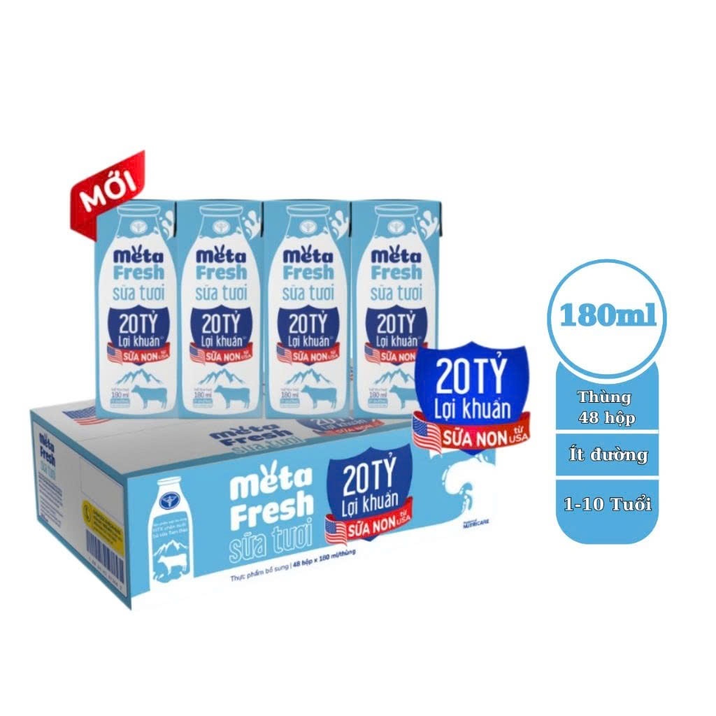 Thùng sữa tươi chứa sữa non Nutricare Meta FRESH có đường (180ml x 48 hộp)