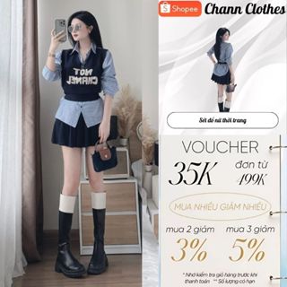  Set đồ nữ HCOM26778 sơ mi kẻ sọc xanh dài tay kèm gile len phối chân váy ngắn xếp ly sét nữ phong cách Hàn Chann 