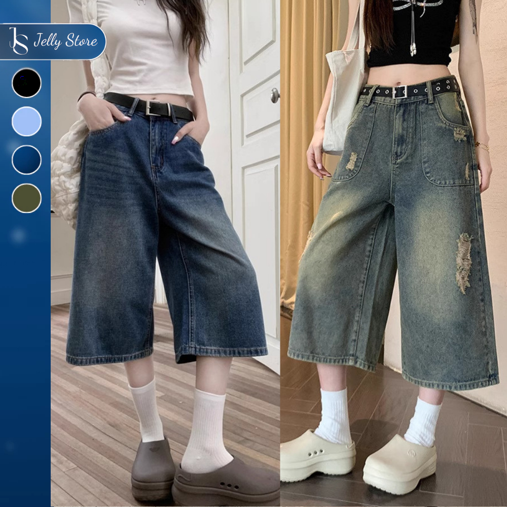 [GIẢM 40%] Quần lửng ống rộng, Quần short jean nữ Jelly cạp cao dài qua gối, quần bò ngố form rộng