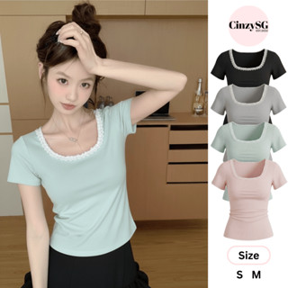  Áo Thun Trơn Nữ Baby Tee Thiết Kế Cổ Vuông Viền Ren Tay Ngắn Form Ôm Basic AT15 CinZy SG 