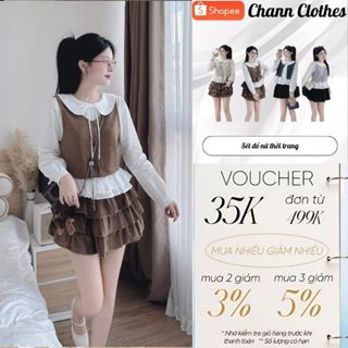  Set bộ  HCOM26779 áo sơ mi tay dài cổ lá sen phối gile nhung tăm kaki và chân váy ngắn bèo nhún xếp tầng Chann 