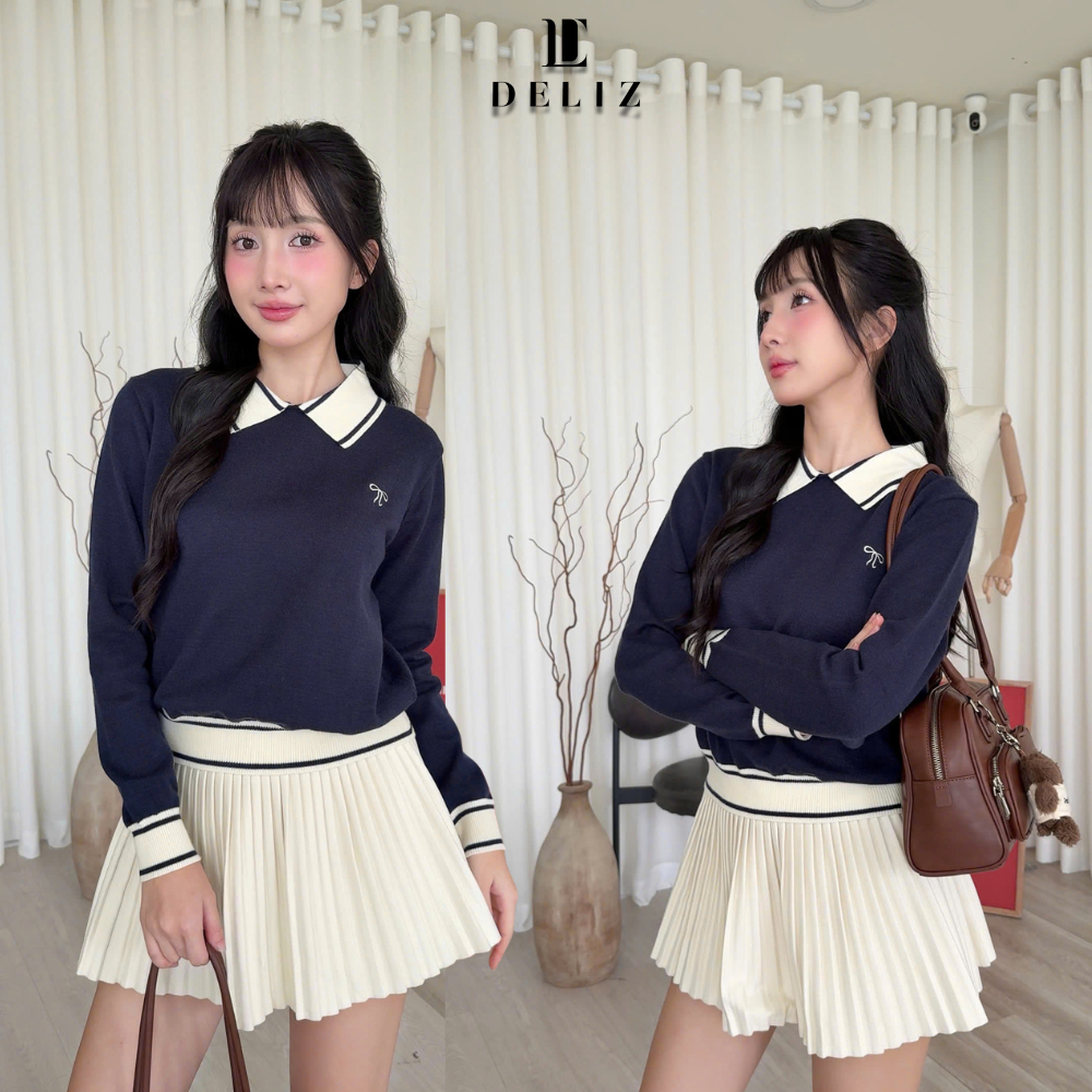 Áo len nữ tay dài cổ polo thêu nơ phối viền trắng phong cách basic hàn quốc năng động nhiều màu DELIZ AL63